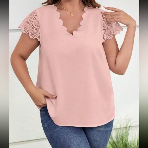 Plus Size Sheer Lace Sleeve Scallop Trim Top Blouse Shirt White - Picture 15 of 16